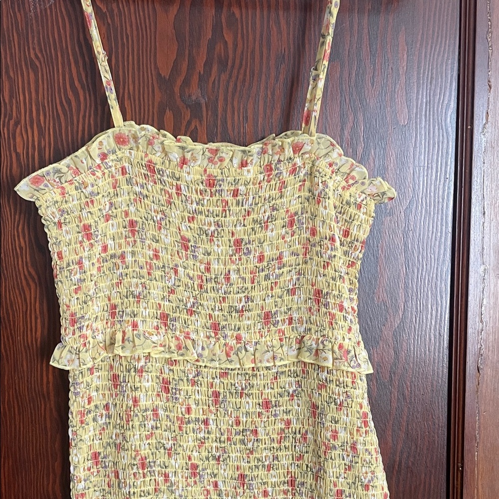 Yellow Floral Smocked Midi Dress with Ruffle Trim